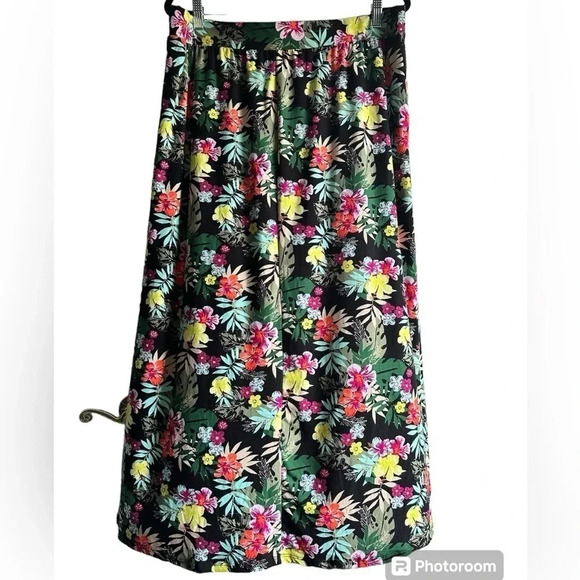 Terra & Sky multi colored tropical floral print maxi skirt w/ pockets Sz 1x - Picture 2 of 8